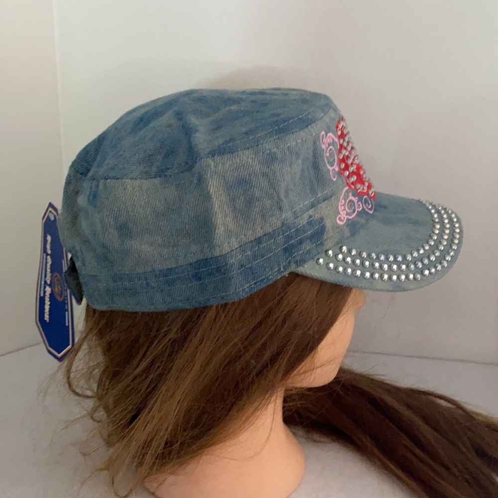 Rhinestone Bling Cadet Cap ROSE Motif Blue Denim - Picture 3 of 9